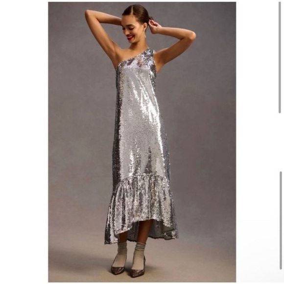 Maeve one shoulder silver sequin midi dress anthropologie - Picture 2 of 14